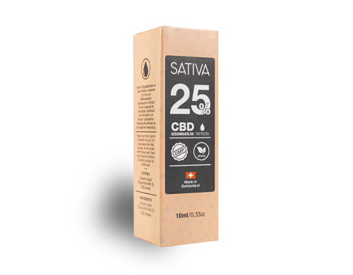 embalage de l'huile a cbd à 25% sativa